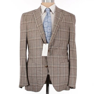 Luciano Barbera NWT 100% Silk Sport Coat Size 50R US 40 Tan/Browns/Teal Plaid