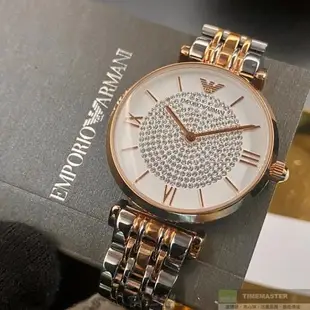 ARMANI 阿曼尼女錶 32mm 玫瑰金圓形精鋼錶殼 白色滿天星錶面款 AR00017