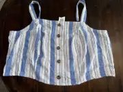 NEW Torrid Sz 4 Linen Blend Button-Front Crop Blue Stripe Tank Top Plus NWT