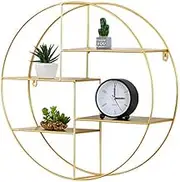 Gold Round Wall Shelf Unit Floating Decorative Shelving Wooden Storage Shelves for Living Room Bedroom Kitchen Shabby Chic Scandinavian Style 70×16×70cm