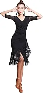 [Z&X] Women's Ballroom Dance Costume V Neck Pleated Long Fringed Tango Salsa Latin Dance Dress with Shorts