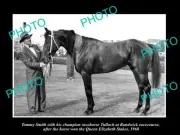 OLD POSTCARD SIZE PHOTO OF TOMMY SMITH WITH HORSE RACING GREAT TULLOCH c1960
