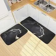 Kitchen Mats for Floor, 2 Piece, Leopard Head Black Funny Cute Washable Non-Slip Kitchen Rugs Set for Home & Office, Sink, Laundry, 19.7” x 27.6” + 19.7” + 47.2”
