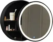 Round Door Storage Cabinet with Mirror, Wall Mounted Storage Cabinet, Round Wooden Bathroom Mirror Cabinet with Light, Bathroom Storage, Black, 60cm (Black 50cm)