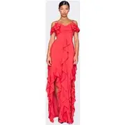 Red Cold Shoulder Ruffle Detail Maxi Dress, Red