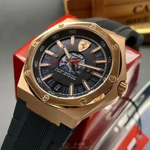 FERRARI手錶, 男錶 44mm 玫瑰金八角形精鋼錶殼 黑色時分秒中三針顯示, 運動錶面款 FE00038