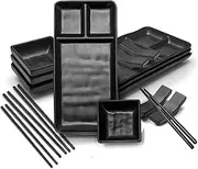 [Goliber] 16 Piece Japanese Style Sushi Plate Set - Includes 4 sushi plates and soy sauce bowls, 4 Chopsticks, 4 Chopstick Holders Sushi Set For 4 Sushi Kit - Sushi Tableware Set - Melamine Sushi Dishes