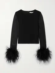 [ALICE + OLIVIA] ALICE + OLIVIA - Delaina Feather-trimmed Mesh Top - Black - x small x small Black
