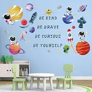 Amimagen Outer Space Astronaut Wall Stickers - Be Kind Be Brave Inspirational Quotes Planets Rocket Boys Wall Decals - Baby Nursery Kids Room Daycare Wall Decor