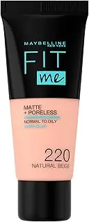 Maybelline Fit Me Foundation, Medium Coverage, Blendable With a Matte and Poreless Finish, For Normal to Oily Skin, Shade: 220 Natural Beige, 30ml