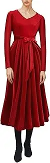 [IWEMEK] Velvet Dress Women's Long Dress Audrey Hepburn Style V-Neck Long Sleeves Evening Dress Sexy Elegant Cocktail Dress Knee-Length Prom Dresses Winter Dresses A-line Velvet Dress with Belt, red, L