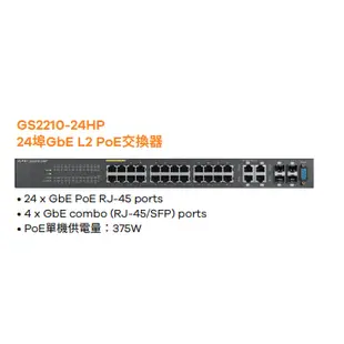 合勤 ZYXEL GS2210-24HP 24埠GbE L2 智慧型網管交換器