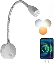 12V RV Reading Light with Dual Charging Ports, 3CCT Touch Control Dimmable Flexible Gooseneck Wall Lamp RV Interior Bedside Light for Motor-House Camper Caravan Vehicle Vessel Boat Yacht (Silvery)