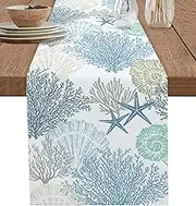 Blue Teal Coral Cotton Linen Rectangle Table Runners 13"x36", Summer Beach Starfish Coastal Modern Geometric Coffee Table Runner Dresser Scarves Luxury Table Runners for Wedding Party Banquet Dinner