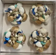 RACHEL ZOE NAPKIN RINGS (4) SHELLS PEARLS BLUE GOLS WHITE NATURAL NIB
