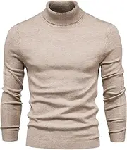 [Qolkmuiy-GJ] Men's Classic Turtleneck Pullovers Cable Knit Thermal Pullover Sweatshirt Casual Soft Twist Knitted Sweater, Khaki, Large