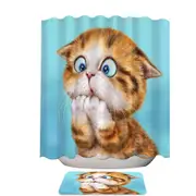 Funny Kittens Worried Ginger Kitty Cat over Blue Shower Curtain