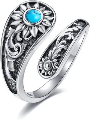 Sunflower Spoon Ring 925 Sterling Silver Turquoise Adjustable...