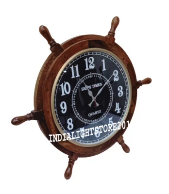24" Wooden Ship Wheel Wall Clock Nautical Antique Maritime Style Clock Decor