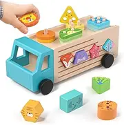 Lehoo Castle Montessori Toys for Toddlers 1 2 3 Year Old, Wooden Montessori Toys for Babies, Truck Animal Shape Sorting Toys, Baby Educational Learning Toys 21 Pcs