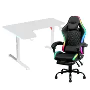 Advwin 140cm White Gaming Desk RGB LED Light & Gaming Chair with Footrest LED Light Black