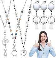 3Pcs Retractable Badge Reel Jeweled Lanyard with ID Holder Set, Breakaway Women's Lanyard Strong Beaded,Necklace Name Badge Holder Lanyard Beaded Chain with Waterproof Name Badge Holder Clip
