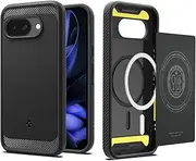SPIGEN Rugged Armor MagFit for Google Pixel 9a Case, Compatible with MagSafe Magnetic Ring, Air Cushion Protection Carbon Fiber Design Raised Edge Non-Slip Grip Cover - Black