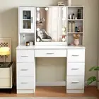 White Dressing Table with LED Mirror 7 Drawers &Cabinet Makeup Desk Vanity Table