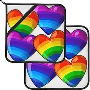 2 Pack Pot Holders for Kitchen Heat Resistant Potholders Rainbow Colored Gay Pride Hearts Pot Holders Set Washable Hot Pads with Loop Non Slip Potholders for Cooking Baking BBQ Microwave 8 x 8 Inch