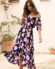 MISTER ZIMI Agnes Dress Size 12 Purple off The Shoulder Midi Hi-lo NWT $189