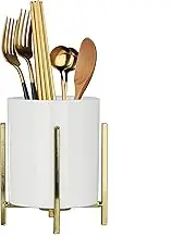 MONOSUGO Ceramic Spoon Holder, Silverware Holder For Countertop, Sturdy Cutlery Holder, Gold Utensil Holder for Kitchen Countertop, White Ceramic Cup with Gold Metal Bracket, 1 Pcs