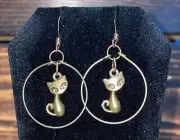 NEW Retro Atomic Cat Bronze Hoop Drop Earrings