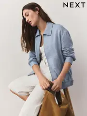 Blue Linen Rich Zip Through Bomber Jacket (AF2298) | $101