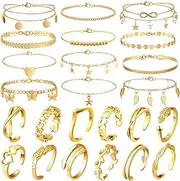 [Sasylvia] 24 Pcs Anklet and Toe Ring Set for Women Girl Silver Gold Layered Anklet Chain Adjustable Open Toe Ring Foot Jewelry