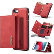 DG MING For Apple iPhone SE 2020 Premium Trifold Wallet Leather Case With 2-in-1 Magnetic Detachable Card Holder Pocket Cover - Red