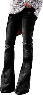 [Generic] Women Ripped Flare Jeans Slim Fit Hole Bell Bottom Jeans Pants Perforated Retro Wide Leg Denim Pants