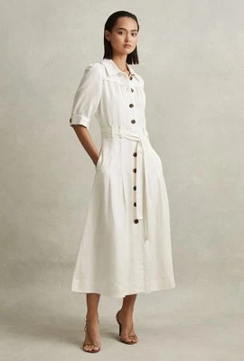 REISS PETITE Malika Belted Cap Sleeve Midi Dress in White