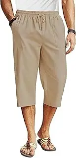 [Generic] Men's Linen Capri Pants Casual Lightweight 3/4 Baggy Pants Drawstring Elastic Waist Beach Yoga Pants with Pockets