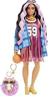 Barbie Dolls and Accessories, Extra Fashion Doll, Pink-Streaked Crimped Hair, Pet Corgi, Jersey Dress, Toys and Gifts for Kids