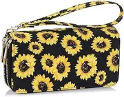 [XEYOU] Double Zipper Long Clutch Wallet Cellphone Wallet for Women with Removable Wristlet Strap for Credit Card, Cash, Coin, Bill, Sunflower, Stylish Multi-purpose Clutch Wallet