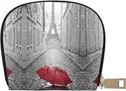 [JEJEA] Eiffel Tower Paris Street Red Umbrella Print Credit Card Holder Wallet, Small Card Holder Wallet with Zipper,Leather Card Holder, White, One Size