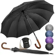 ZOMAKE Large Stick Golf Umbrella With Wood Hook Handle 12 Ribs - Automatic Open Classic Umbrellas Windproof Wooden Handle - Curved Handle Umbrella Cane, Long Umbrella With J Hook for Women Men
