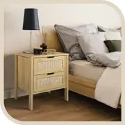 Furb Bedside Table Drawers Rattan Side End Table Nightstand Storage Cabinet, 48x39.5x56cm