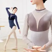 Ballet Leotards Elegant Velvet Patchwork Mesh Ballerina Long Sleeve StandCollar