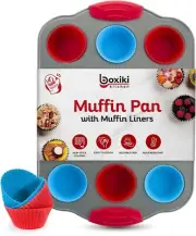 12 Cup Mini Muffin Pan with Silicone Muffin Cups Set of 12 by Boxiki Kitchen