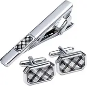 DRBASJHFO Necktie Bar Pinch Clip,Classic Tie Clips, Sliver Plaid Cufflinks Necktie Clip for Tie Pin for Mens Gift Classic Pattern Tie Bar Cufflinks Tie Clip Set