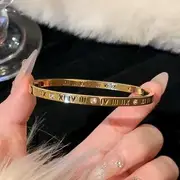 Rhinestone / Metallic Bangle Roman Number - Gold - One Size