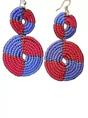 Red and Blue Massia Hand Made Earrings 2inches Long made in Kenya