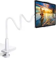 Gooseneck Tablet Holder Stand for Bed: Tryone Adjustable Flexible Arm Tablets Mount Clamp on Table Compatible with iPad Air Mini | Galaxy Tabs | Kindle Fire | Switch or Other 4.7-10.5" Devices(White)