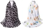 [Sunnyshopday] 2 Pieces of Shawls 160 x 50 cm Soft Chiffon Scarf Lotus White Neck Long Head Wrap Thin Green Beach Women Hijab Belt Vintage Bridal Shawl Tie Fabric, Polyester, Black, 160*50cm
